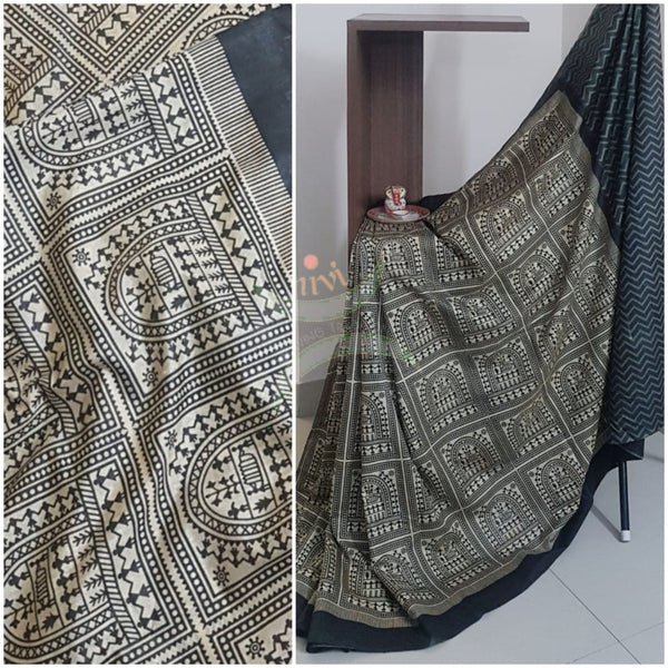 Beige handloom muga silk blend with warli motif