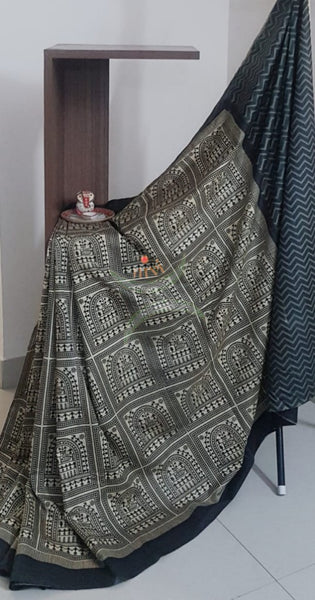 Beige handloom muga silk blend with warli motif