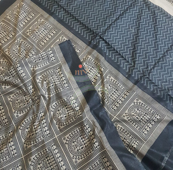 Beige handloom muga silk blend with warli motif