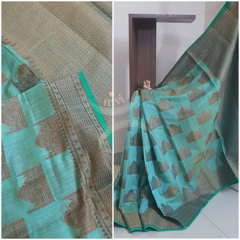 Blue linen blend benaras brocade with Taj mahal motif