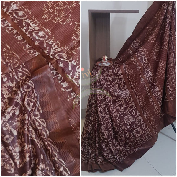 Brown handloom muga silk blend batik saree