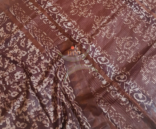 Brown handloom muga silk blend batik saree