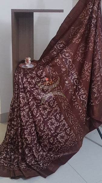 Brown handloom muga silk blend batik saree