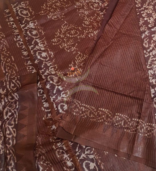 Brown handloom muga silk blend batik saree