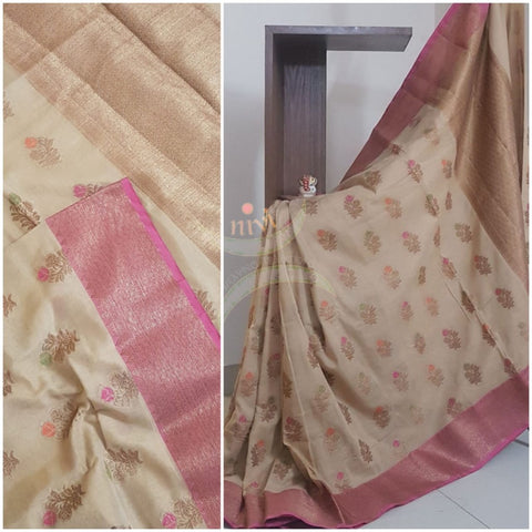 Beige benaras brocade with contrasting border and pallu