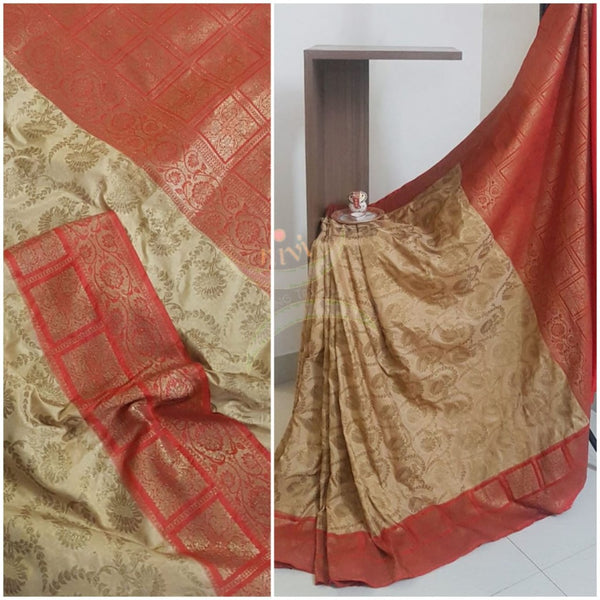Beige pure muga silk benaras brocade with contrasting border and pallu
