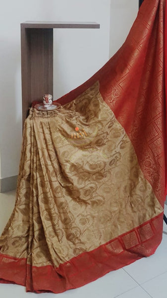 Beige pure muga silk benaras brocade with contrasting border and pallu