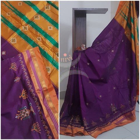 Purple ilkal silk cotton with traditional kasuti embroidery