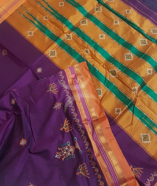Purple ilkal silk cotton with traditional kasuti embroidery