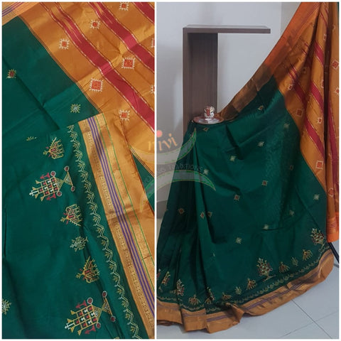 Green ilkal silk cotton with traditional kasuti embroidery