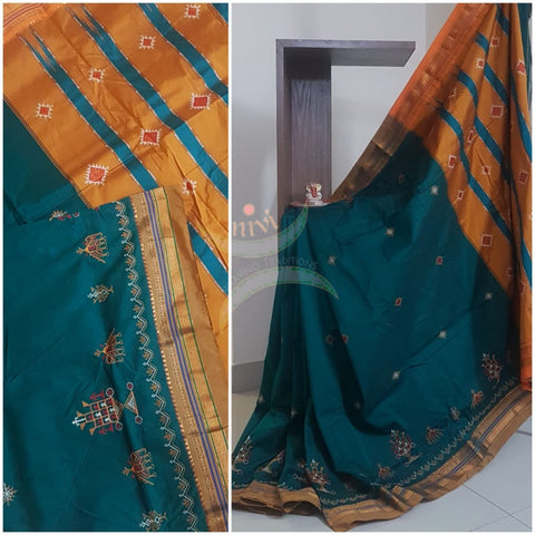 Green ilkal silk cotton with traditional kasuti embroidery