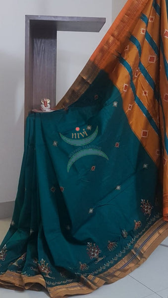 Green ilkal silk cotton with traditional kasuti embroidery