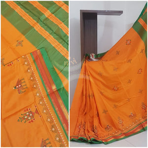 Mustard orange cotton blend ilkal with traditional kasuti embroidery