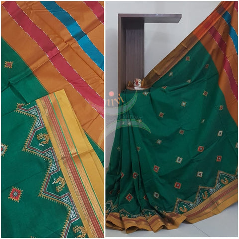 Green cotton blend ilkal with traditional kasuti embroidery