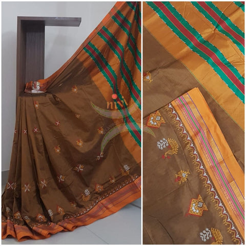 Brown cotton blend ilkal with traditional kasuti embroidery