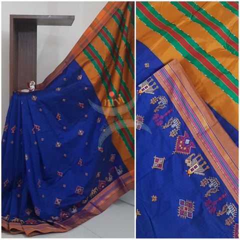Royal blue cotton blend ilkal with traditional kasuti embroidery