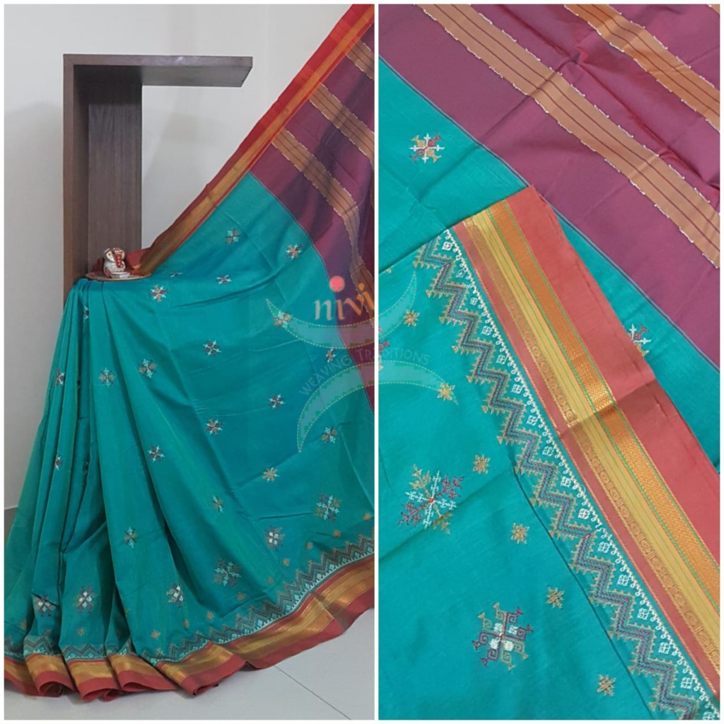 Sea green cotton blend ilkal with traditional kasuti embroidery