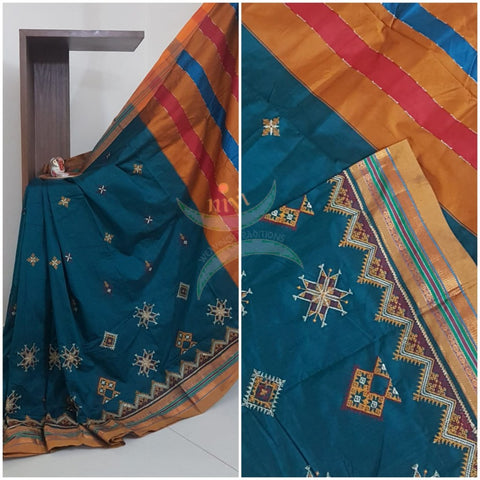 Teal green cotton blend ilkal with traditional kasuti embroidery