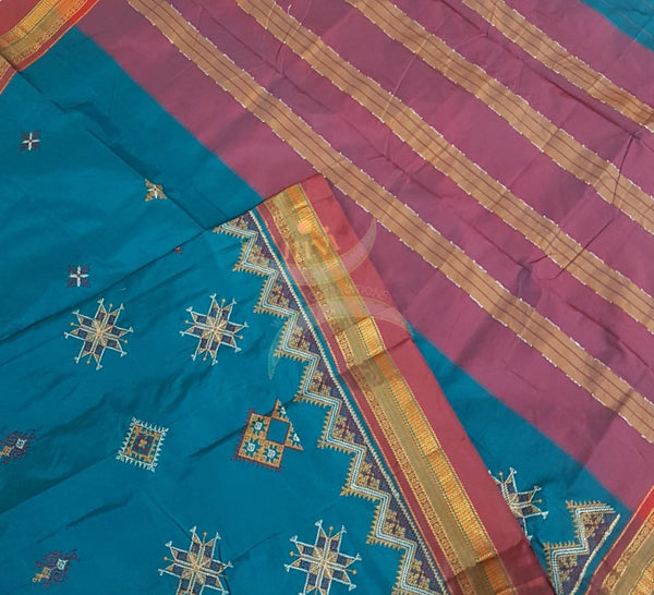 Teal cotton blend ilkal with traditional kasuti embroidery