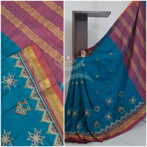Teal cotton blend ilkal with traditional kasuti embroidery