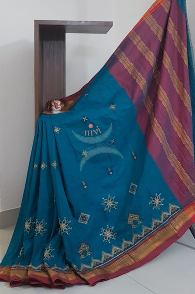 Teal cotton blend ilkal with traditional kasuti embroidery