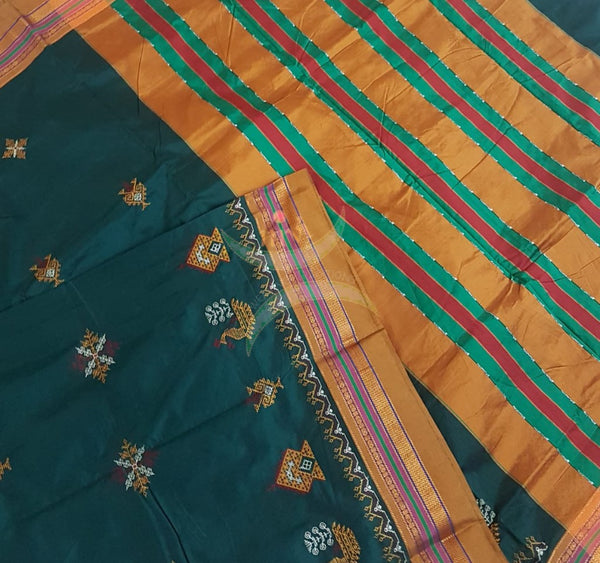 Green cotton blend ilkal with traditional kasuti embroidery