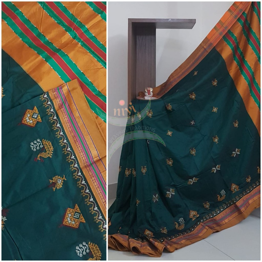 Green cotton blend ilkal with traditional kasuti embroidery