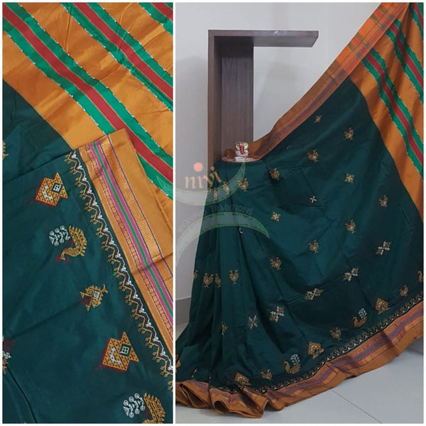 Green cotton blend ilkal with traditional kasuti embroidery