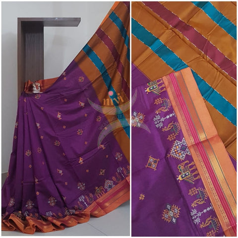 Purple cotton blend ilkal with traditional kasuti embroidery