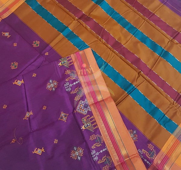 Purple cotton blend ilkal with traditional kasuti embroidery
