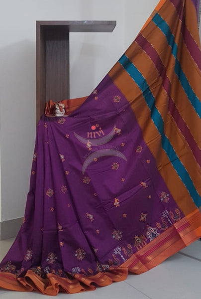Purple cotton blend ilkal with traditional kasuti embroidery