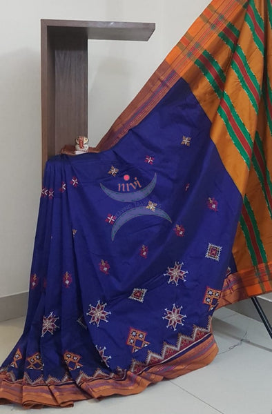 Royal blue cotton blend ilkal with traditional kasuti embroidery