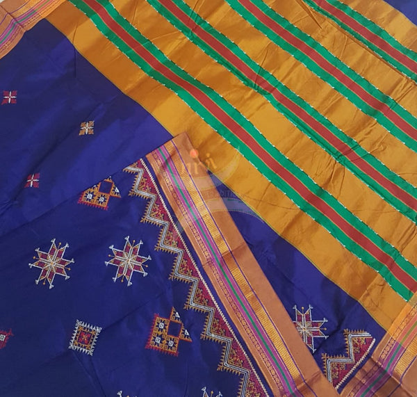Royal blue cotton blend ilkal with traditional kasuti embroidery