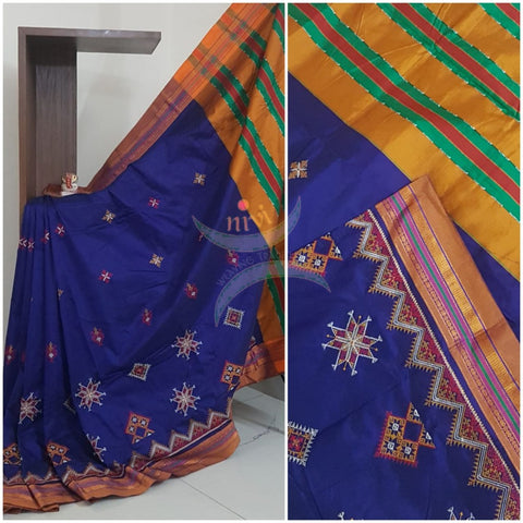 Royal blue cotton blend ilkal with traditional kasuti embroidery
