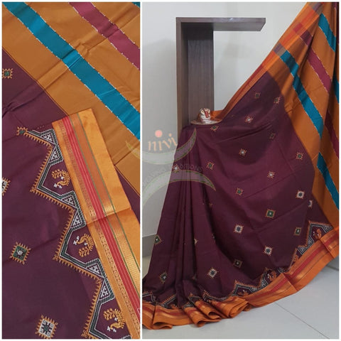 Maroon cotton blend ilkal with traditional kasuti embroidery