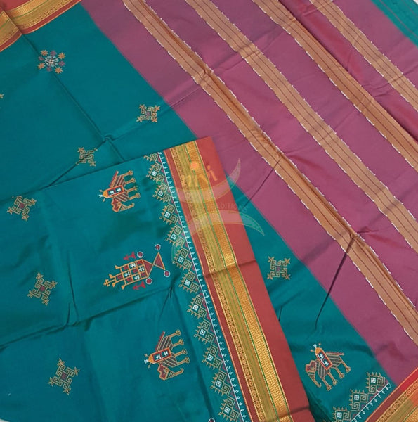 Teal green cotton blend ilkal with traditional kasuti embroidery