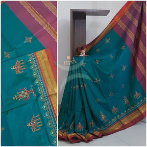 Teal green cotton blend ilkal with traditional kasuti embroidery