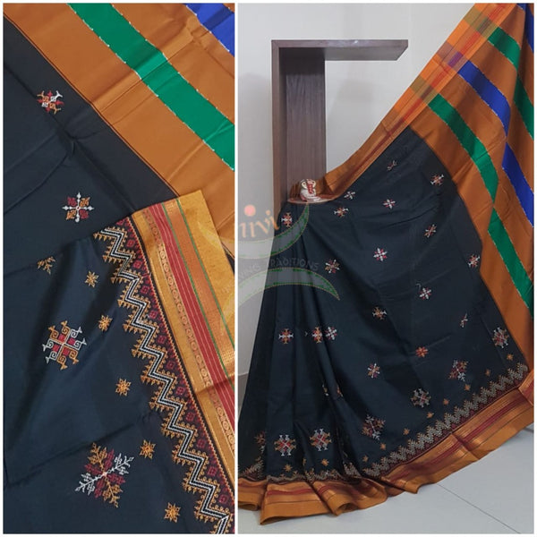 Black cotton blend ilkal with traditional kasuti embroidery