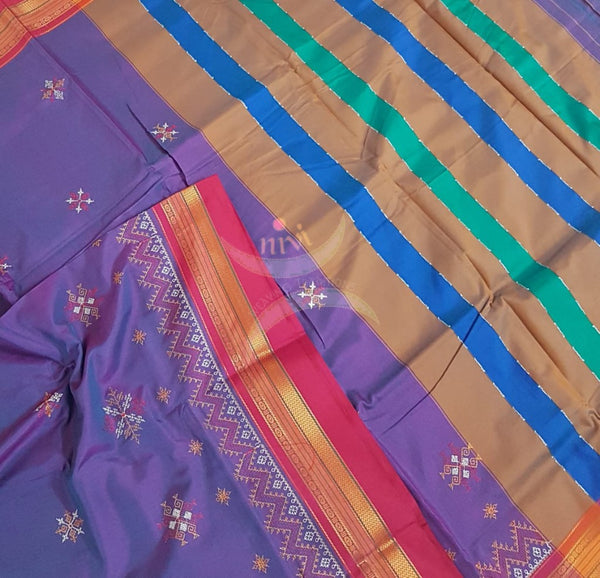 Two tone purple cotton blend ilkal with traditional kasuti embroidery