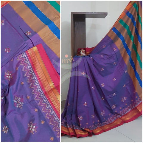 Two tone purple cotton blend ilkal with traditional kasuti embroidery