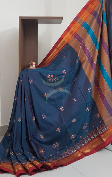 Two tone teal cotton blend ilkal with traditional kasuti embroidery