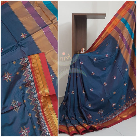 Two tone teal cotton blend ilkal with traditional kasuti embroidery