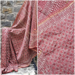 Maroon handloom chanderi bagru hand printed saree
