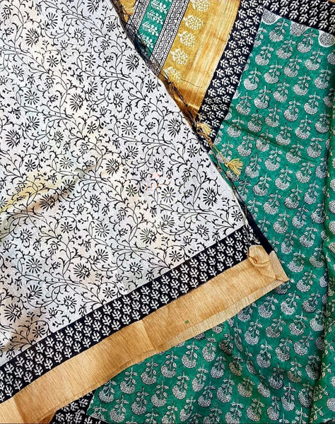 Teal handloom maheshwari geecha bagru hand printed saree