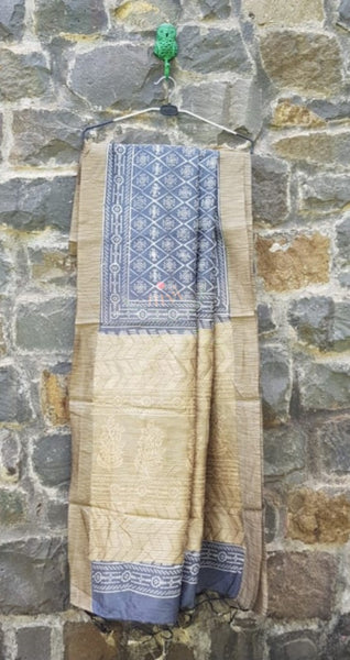 Blue handloom maheshwari geecha bagru hand printed saree