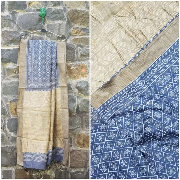 Blue handloom maheshwari geecha bagru hand printed saree