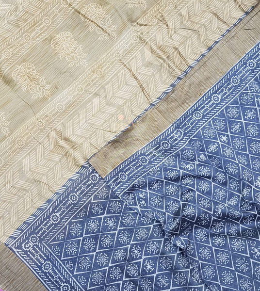 Blue handloom maheshwari geecha bagru hand printed saree