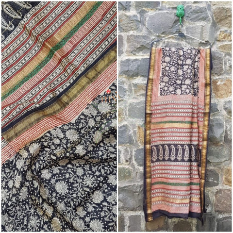 Black handloom maheshwari kalamkari hand printed saree