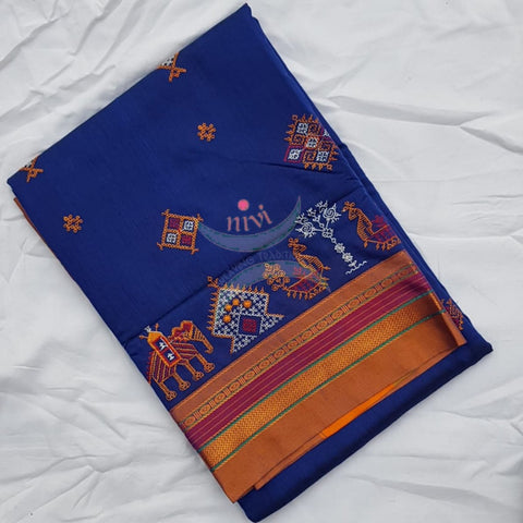 Royal blue ilkal blend kasuti embroidered saree