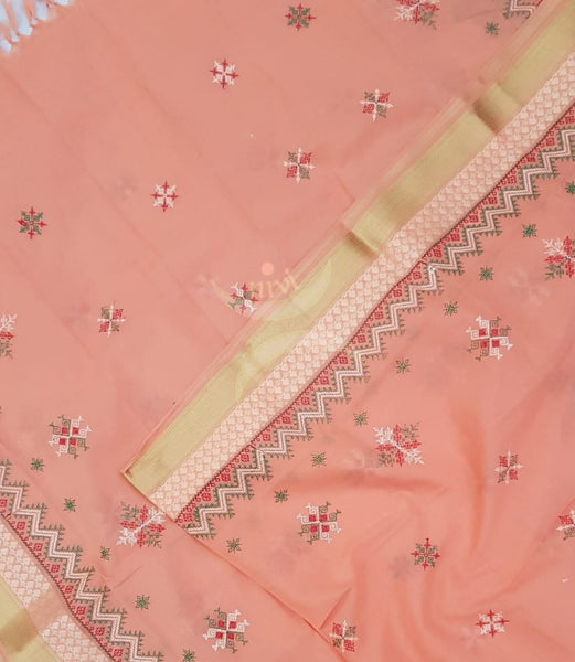 Peach kota cotton dupatta with kasuti embroidery